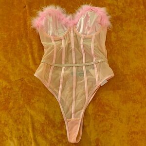 Premium Feather Trim Satin Corset Bodysuit in Pink Size M